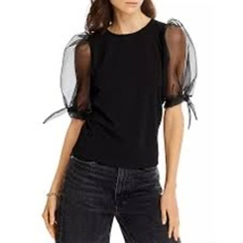 Aqua Black Sheer Puff Sleeve Medium Organza Bow Statement Blouse Bloomingdales